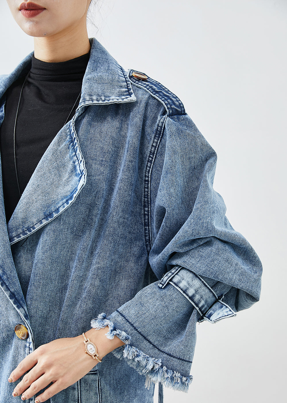 Luvik | Lyseblå Revers Dobbel bryst Denim Trenchcoat