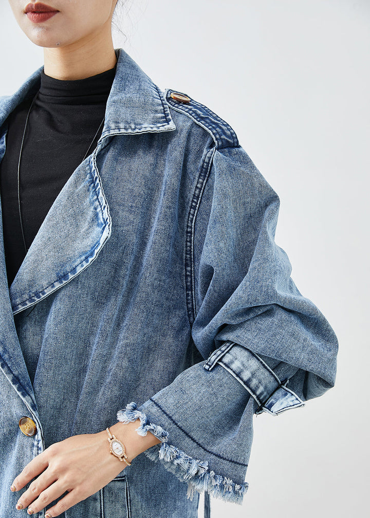 Luvik | Lyseblå Revers Dobbel bryst Denim Trenchcoat