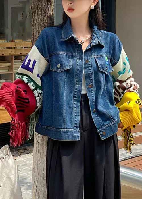 Luvik | Blå fringet genser med ermer patchwork-denim-jakke