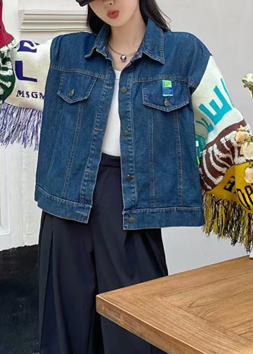 Luvik | Blå fringet genser med ermer patchwork-denim-jakke