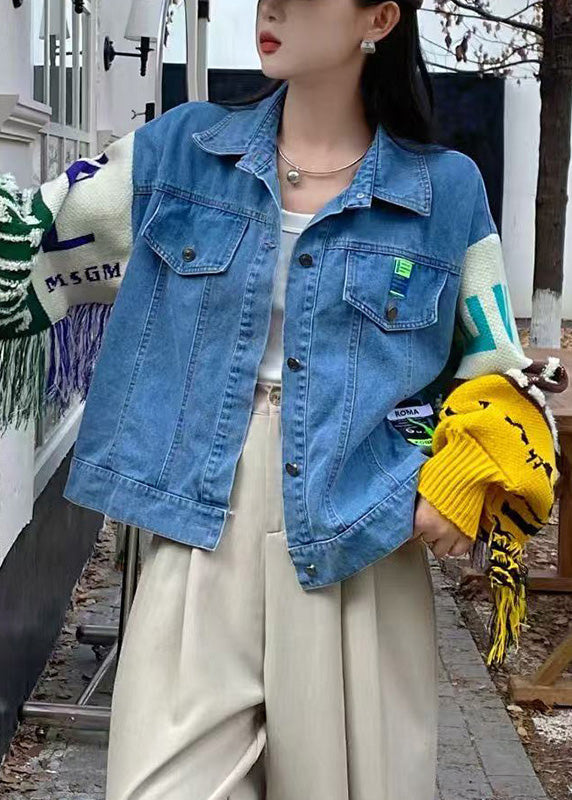 Luvik | Blå fringet genser med ermer patchwork-denim-jakke