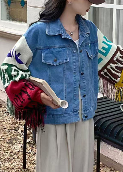 Luvik | Blå fringet genser med ermer patchwork-denim-jakke