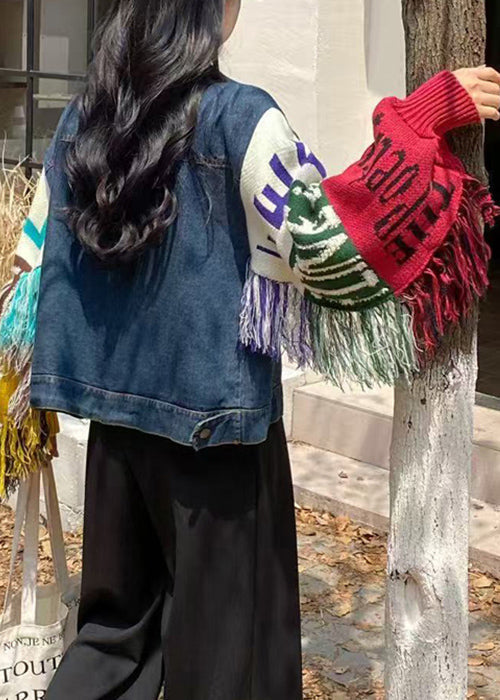 Luvik | Blå fringet genser med ermer patchwork-denim-jakke