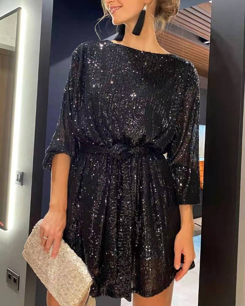 Luvik | Tyylikäs glittervyöruusukuvioinen mekko