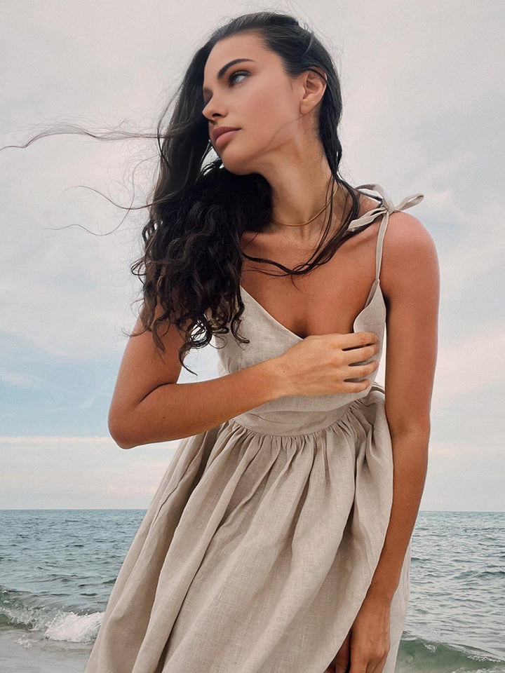 Luvik | Cotton Linen Lace Up Long Dress