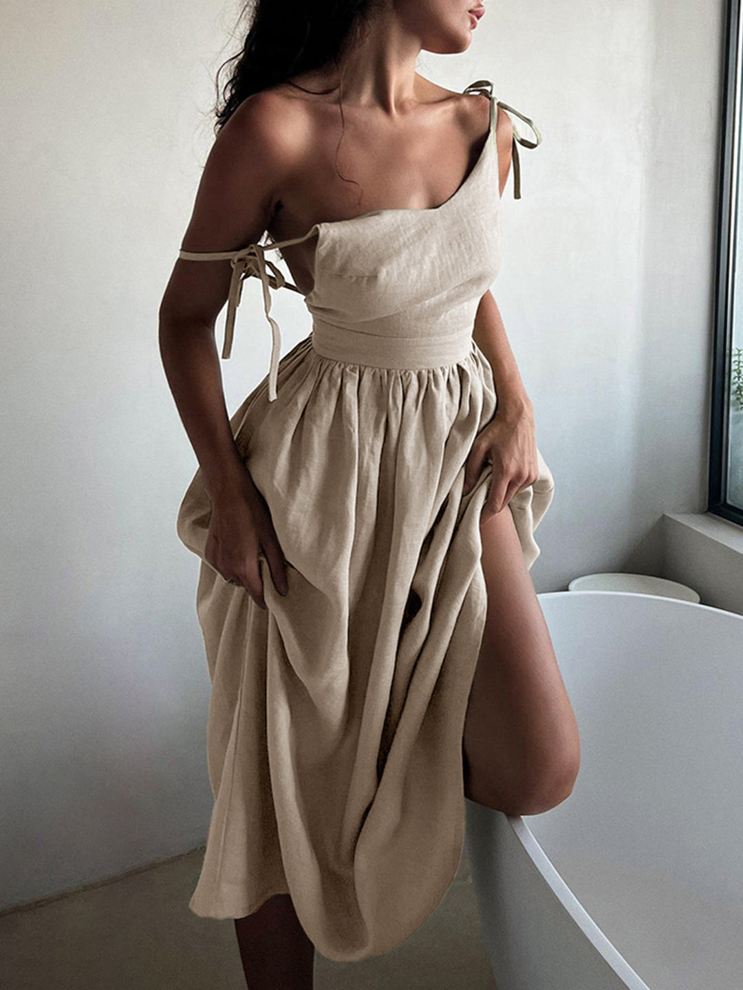 Luvik | Cotton Linen Lace Up Long Dress