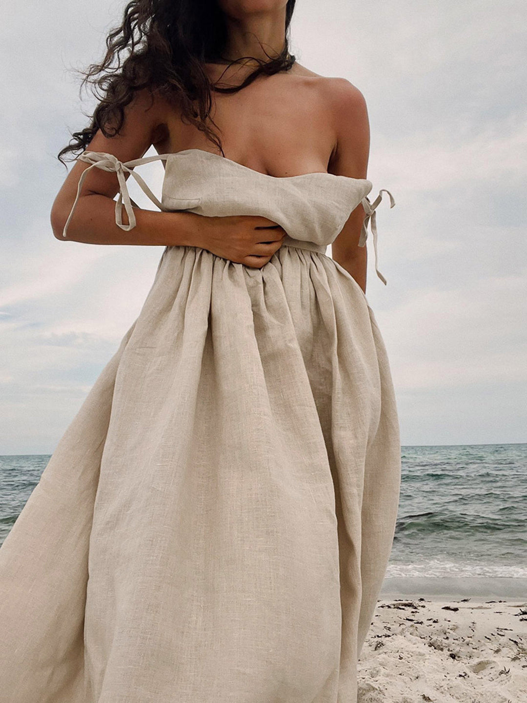 Luvik | Cotton Linen Lace Up Long Dress