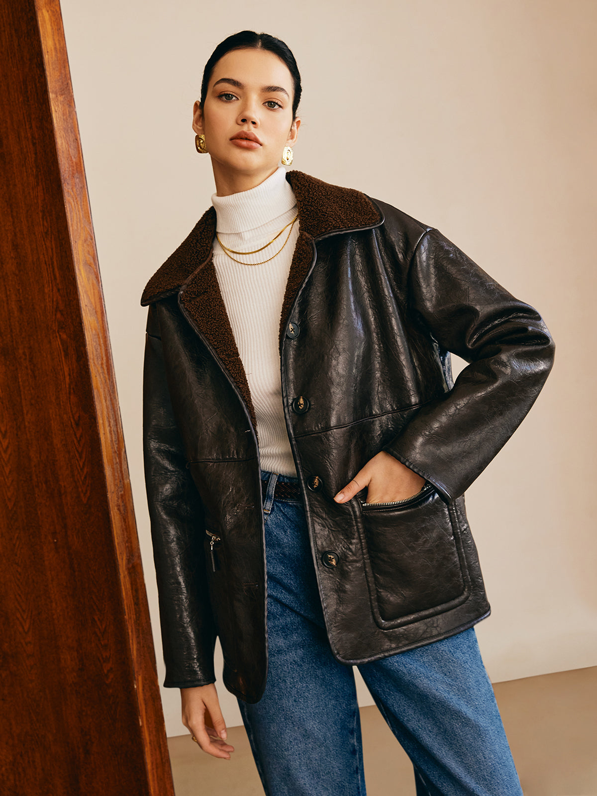 Luvik | Sivupaneeli keinonahka fleece-takki