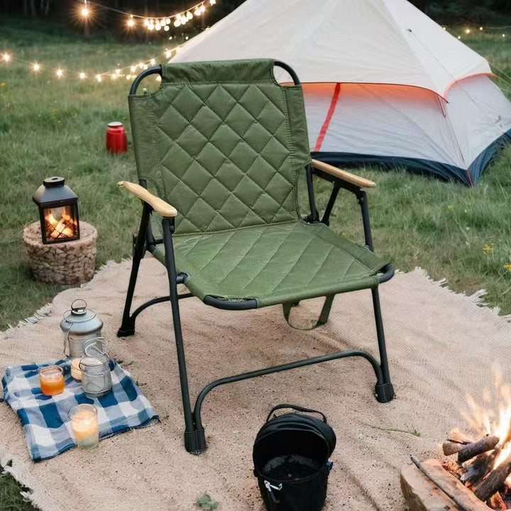 Moderne Minimalistisk Rektangulær Diamantmønstret Karbonstål Oxford Stoff Bøketræ Sammenleggbar Camping Stol Ryggstøtte Armlene For Hage | Luvikno