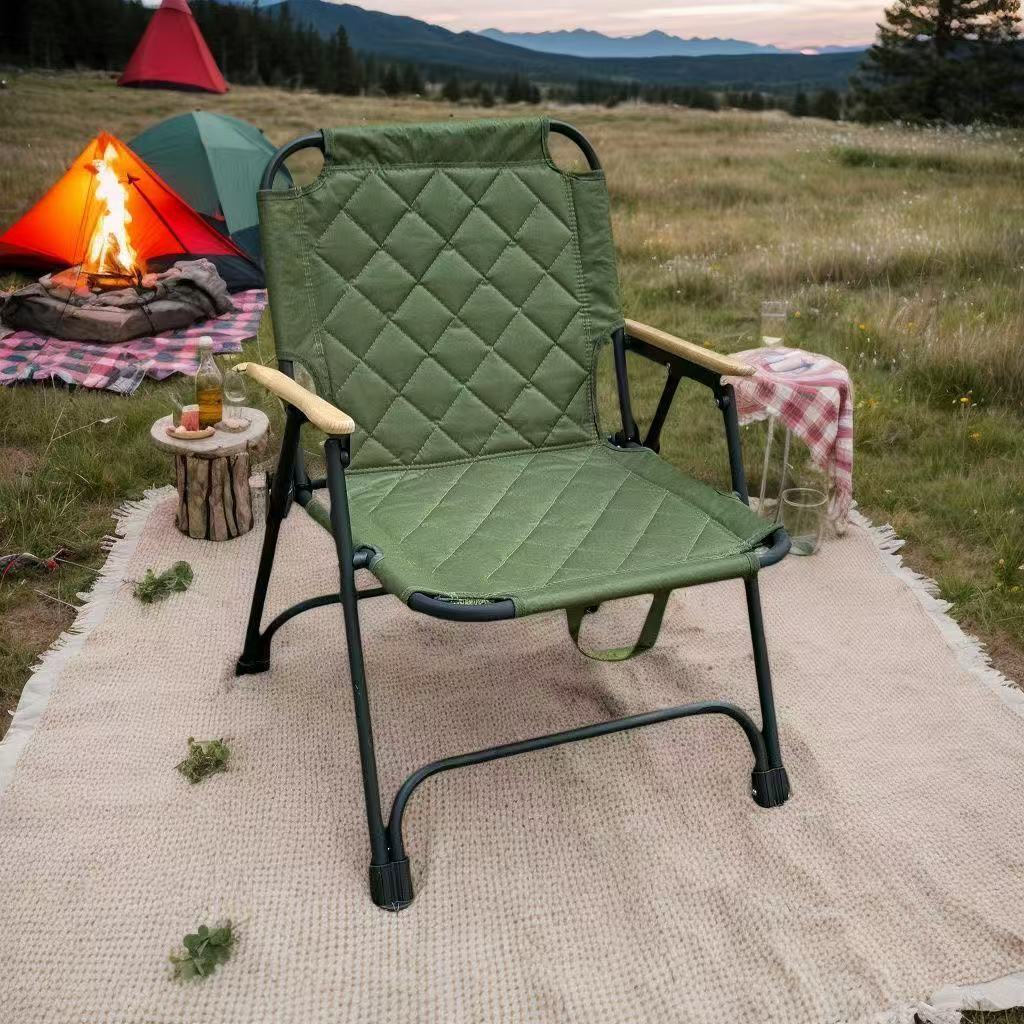 Moderne Minimalistisk Rektangulær Diamantmønstret Karbonstål Oxford Stoff Bøketræ Sammenleggbar Camping Stol Ryggstøtte Armlene For Hage | Luvikno