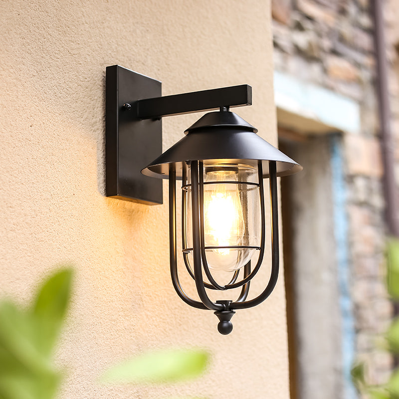 Moderne industriell jern- og glasskapslet sylinder 1-lys vegglampe for utendørs terrasse | Luvikno