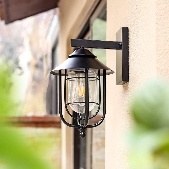 Moderne industriell jern- og glasskapslet sylinder 1-lys vegglampe for utendørs terrasse | Luvikno