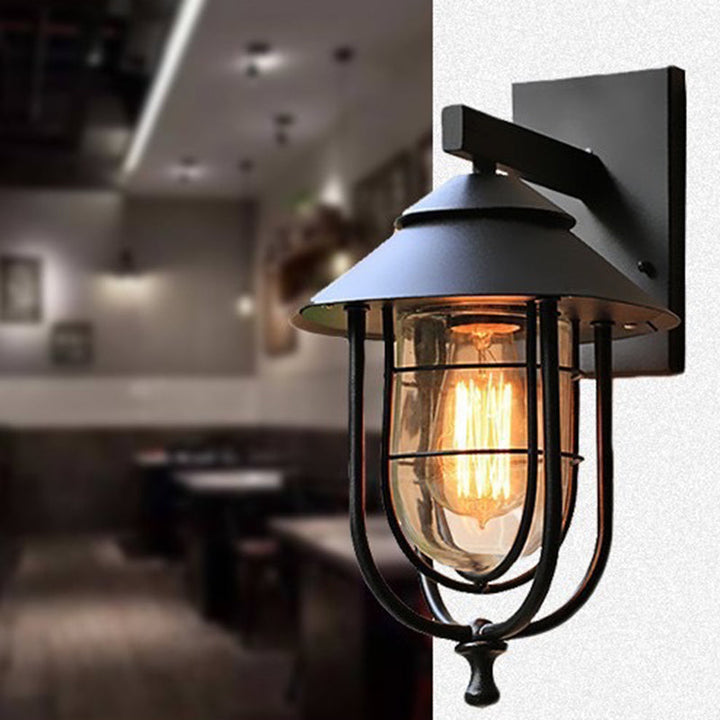 Moderne industriell jern- og glasskapslet sylinder 1-lys vegglampe for utendørs terrasse | Luvikno