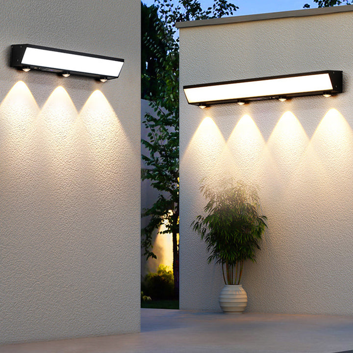 Moderne minimalistiske solenergi vanntett bevegelsessensor akryl aluminium og rustfritt stål rektangulær LED vegglampe for utendørs patio | Luvikno
