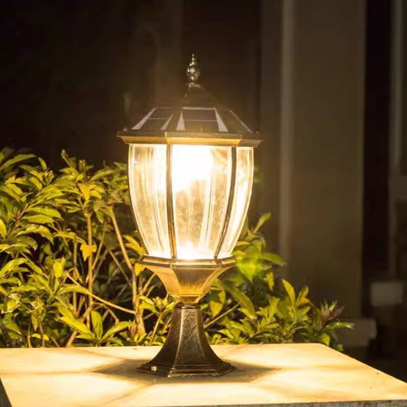 Moderne Retro Sekskant Aluminium Glass LED Sollykt Hode Landskapslys For Hage | Luvikno
