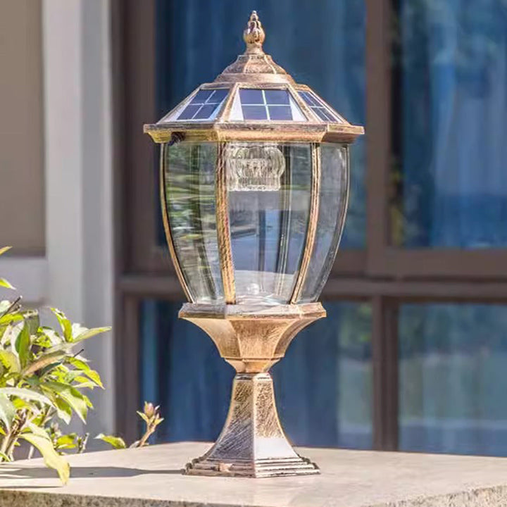 Moderne Retro Sekskant Aluminium Glass LED Sollykt Hode Landskapslys For Hage | Luvikno