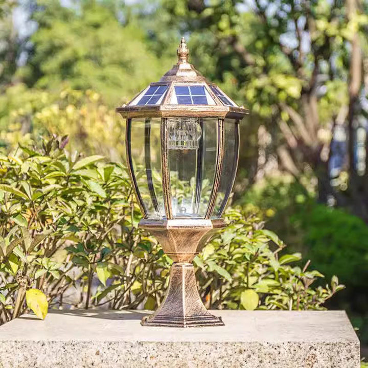 Moderne Retro Sekskant Aluminium Glass LED Sollykt Hode Landskapslys For Hage | Luvikno