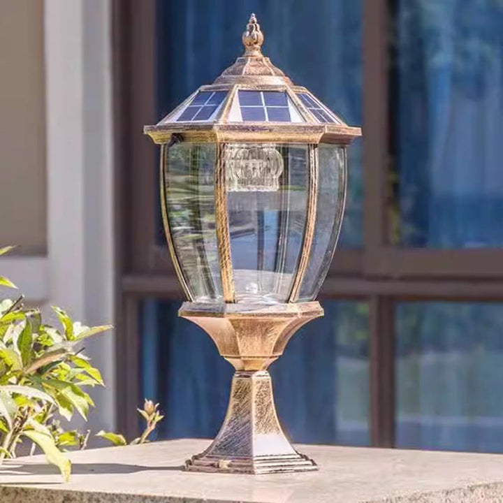 Moderne Retro Sekskant Aluminium Glass LED Sollykt Hode Landskapslys For Hage | Luvikno
