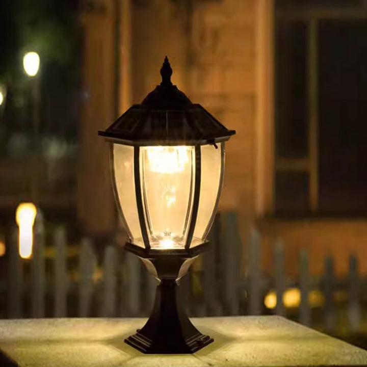 Moderne Retro Sekskant Aluminium Glass LED Sollykt Hode Landskapslys For Hage | Luvikno