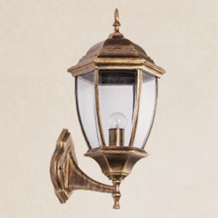 Samtidig Retro Vanntett Hexagonal Bur Aluminium Frostet Klart Glass 1-Lykt Vegglampe For Ute Patio | Luvikno
