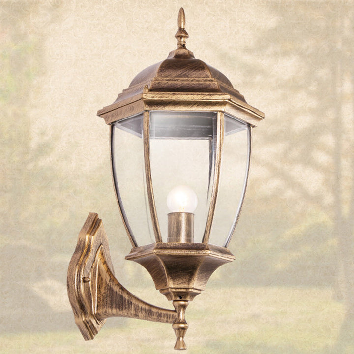 Samtidig Retro Vanntett Hexagonal Bur Aluminium Frostet Klart Glass 1-Lykt Vegglampe For Ute Patio | Luvikno