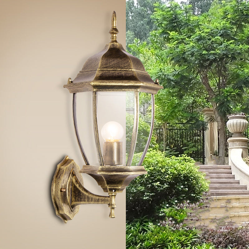 Samtidig Retro Vanntett Hexagonal Bur Aluminium Frostet Klart Glass 1-Lykt Vegglampe For Ute Patio | Luvikno