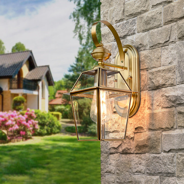 Moderne nordisk sekskantet klokke vanntett glass messing 1-lyskilde vegglampe for utendørs terrasse | Luvikno