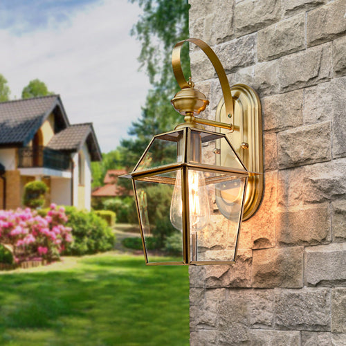 Moderne nordisk sekskantet klokke vanntett glass messing 1-lyskilde vegglampe for utendørs terrasse | Luvikno