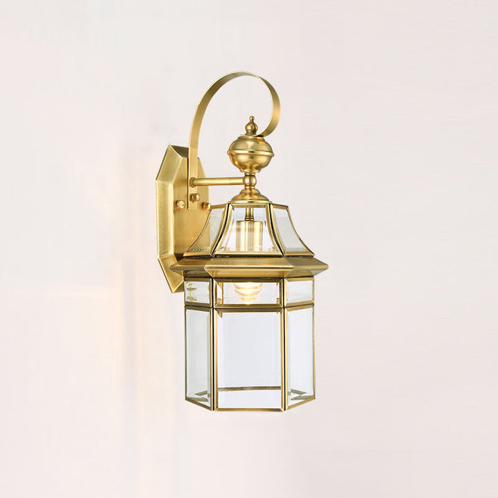 Moderne nordisk sekskantet klokke vanntett glass messing 1-lyskilde vegglampe for utendørs terrasse | Luvikno