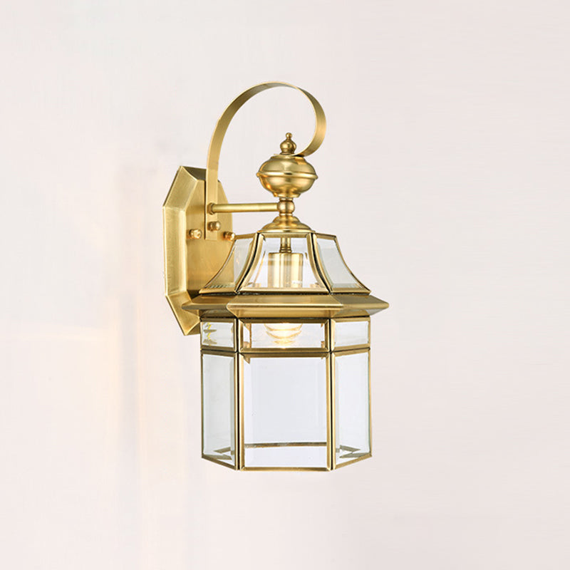 Moderne nordisk sekskantet klokke vanntett glass messing 1-lyskilde vegglampe for utendørs terrasse | Luvikno