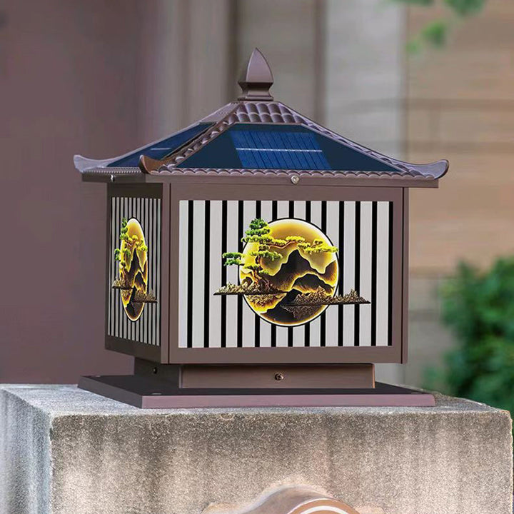 Tradisjonell kinesisk solfanger vanntett aluminium PC-glass furu tre kvadratisk sylinder LED landskapsbelysning utendørs lys for utendørs terrasse | Luvikno