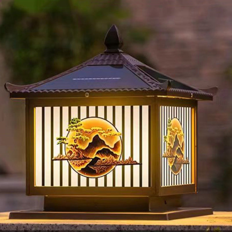 Tradisjonell kinesisk solfanger vanntett aluminium PC-glass furu tre kvadratisk sylinder LED landskapsbelysning utendørs lys for utendørs terrasse | Luvikno