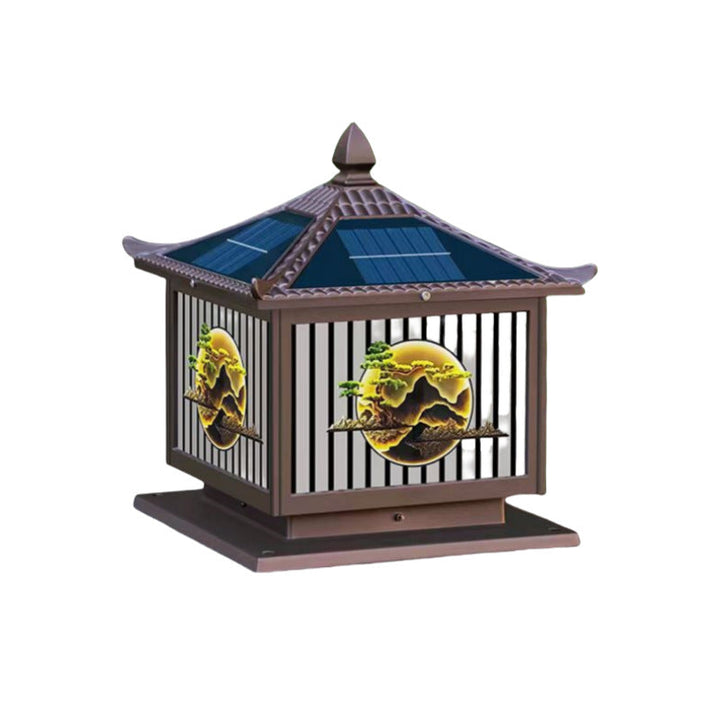 Tradisjonell kinesisk solfanger vanntett aluminium PC-glass furu tre kvadratisk sylinder LED landskapsbelysning utendørs lys for utendørs terrasse | Luvikno