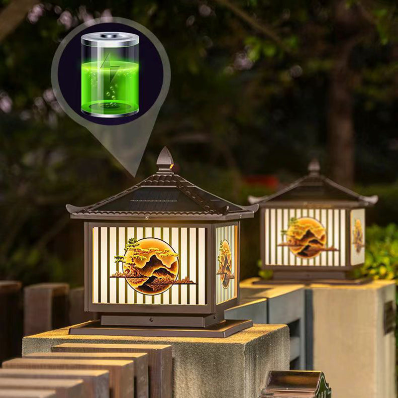Tradisjonell kinesisk solfanger vanntett aluminium PC-glass furu tre kvadratisk sylinder LED landskapsbelysning utendørs lys for utendørs terrasse | Luvikno