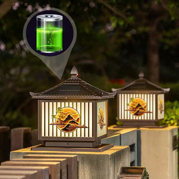 Tradisjonell kinesisk solfanger vanntett aluminium PC-glass furu tre kvadratisk sylinder LED landskapsbelysning utendørs lys for utendørs terrasse | Luvikno