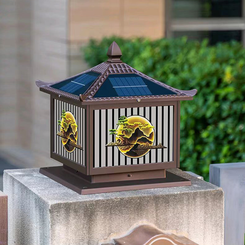 Tradisjonell kinesisk solfanger vanntett aluminium PC-glass furu tre kvadratisk sylinder LED landskapsbelysning utendørs lys for utendørs terrasse | Luvikno