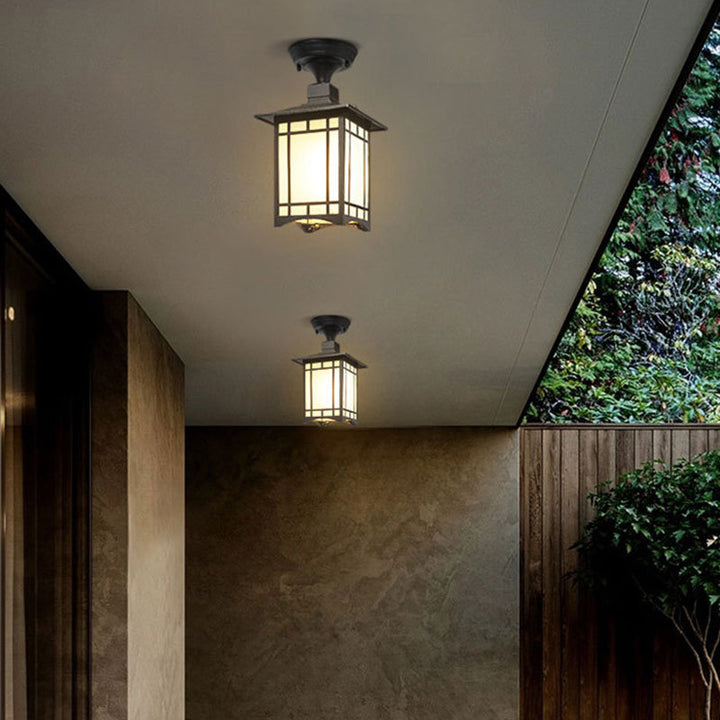 Tradisjonell kinesisk vanntett jern aluminiums glass sylinder pergola 1-lykt semi-flush montering taklampe utendørs lys for utendørs terrasse | Luvikno