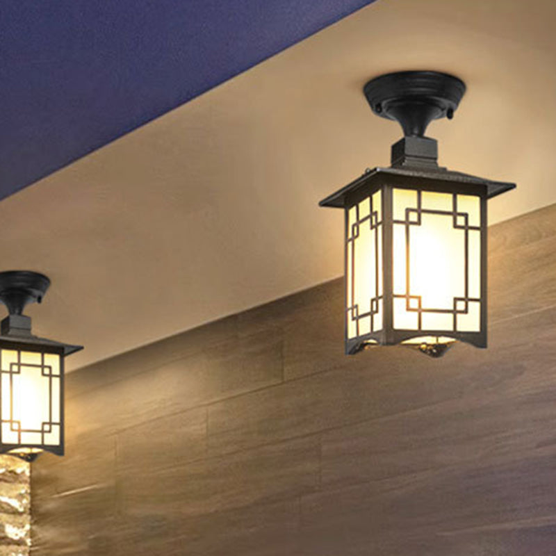 Tradisjonell kinesisk vanntett jern aluminiums glass sylinder pergola 1-lykt semi-flush montering taklampe utendørs lys for utendørs terrasse | Luvikno