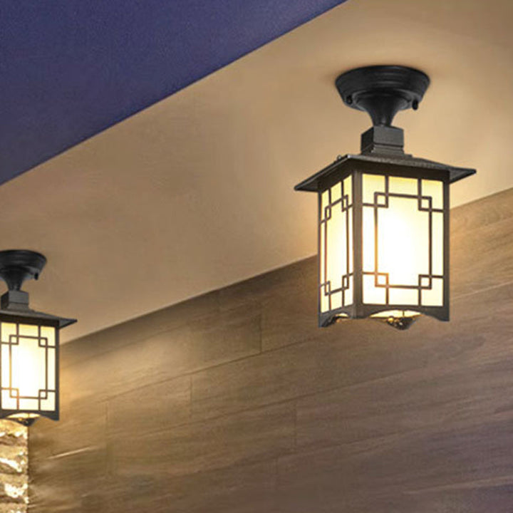 Tradisjonell kinesisk vanntett jern aluminiums glass sylinder pergola 1-lykt semi-flush montering taklampe utendørs lys for utendørs terrasse | Luvikno