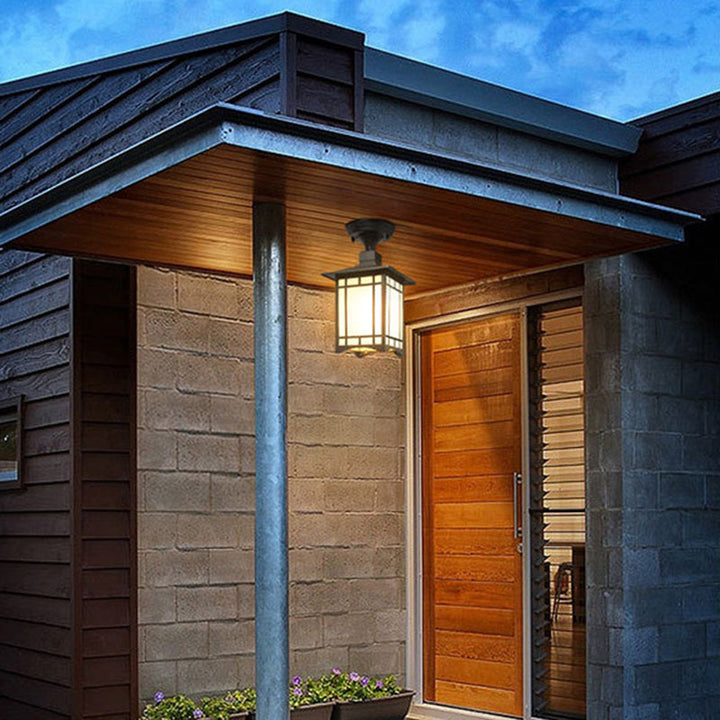 Tradisjonell kinesisk vanntett jern aluminiums glass sylinder pergola 1-lykt semi-flush montering taklampe utendørs lys for utendørs terrasse | Luvikno