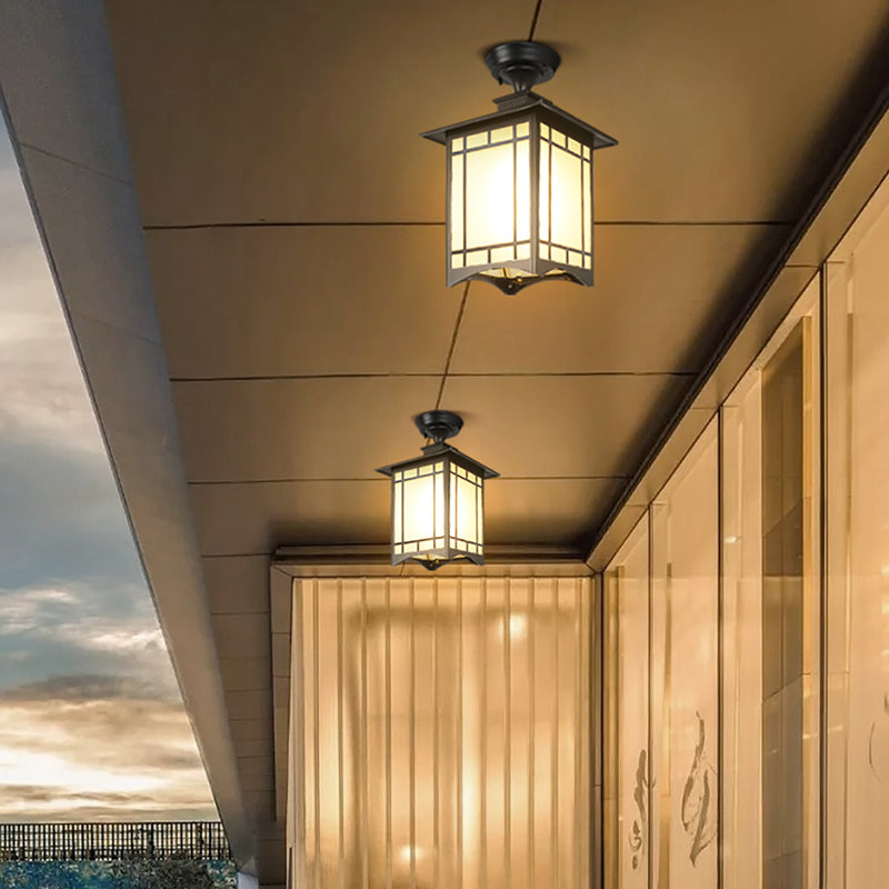 Tradisjonell kinesisk vanntett jern aluminiums glass sylinder pergola 1-lykt semi-flush montering taklampe utendørs lys for utendørs terrasse | Luvikno