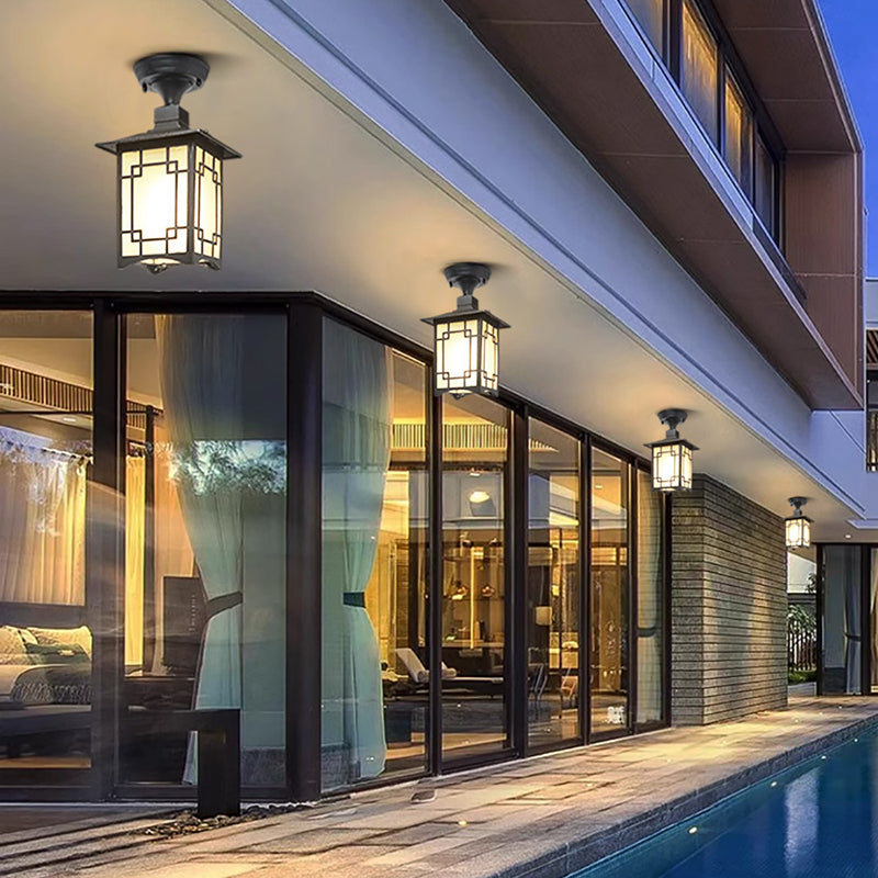 Tradisjonell kinesisk vanntett jern aluminiums glass sylinder pergola 1-lykt semi-flush montering taklampe utendørs lys for utendørs terrasse | Luvikno
