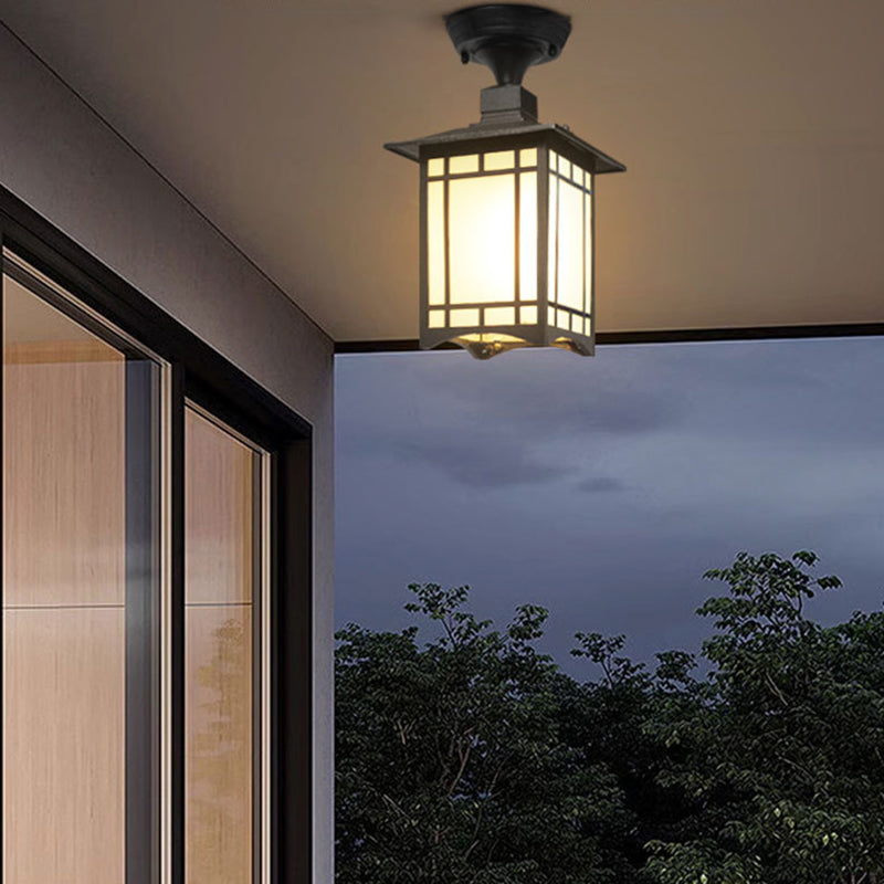 Tradisjonell kinesisk vanntett jern aluminiums glass sylinder pergola 1-lykt semi-flush montering taklampe utendørs lys for utendørs terrasse | Luvikno