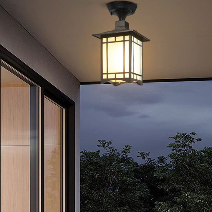 Tradisjonell kinesisk vanntett jern aluminiums glass sylinder pergola 1-lykt semi-flush montering taklampe utendørs lys for utendørs terrasse | Luvikno
