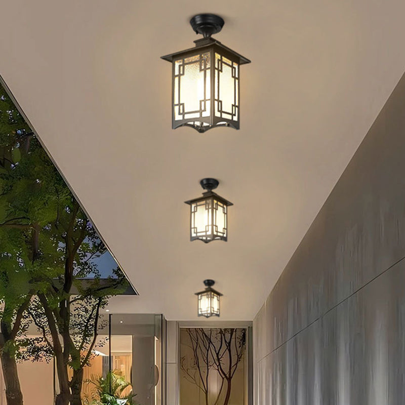 Tradisjonell kinesisk vanntett jern aluminiums glass sylinder pergola 1-lykt semi-flush montering taklampe utendørs lys for utendørs terrasse | Luvikno