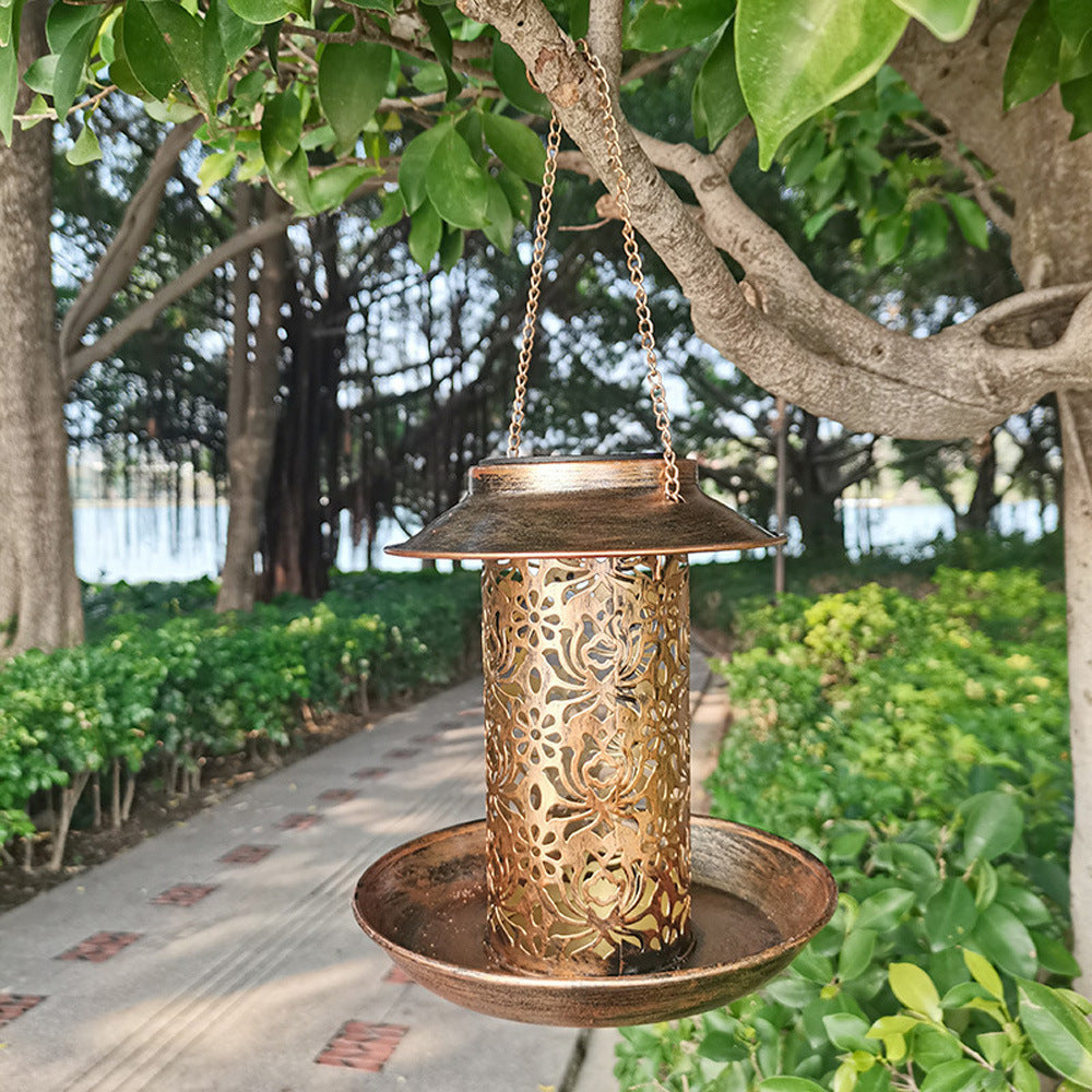 Moderne Retro Solar Vanntett Jern Fuglemater Hengende Uhullet Lantern LED Utendørs Lys Landskapsbelysning For Hage | Luvikno