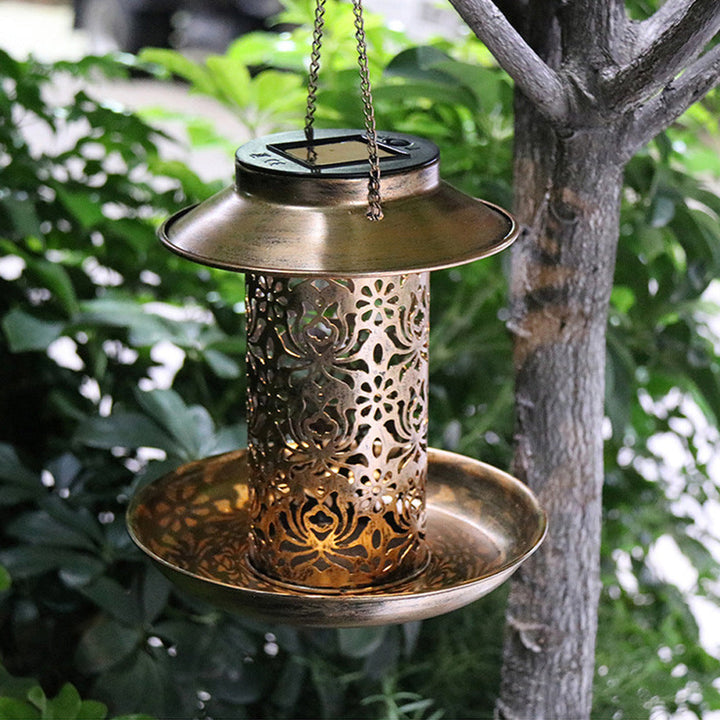 Moderne Retro Solar Vanntett Jern Fuglemater Hengende Uhullet Lantern LED Utendørs Lys Landskapsbelysning For Hage | Luvikno