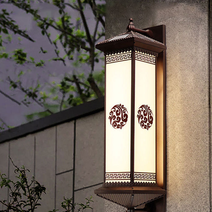 Tradisjonell kinesisk solenergi vanntett ABS aluminium glass rektangulær lykke velstand mønster LED vegglampe for utendørs terrasse | Luvikno