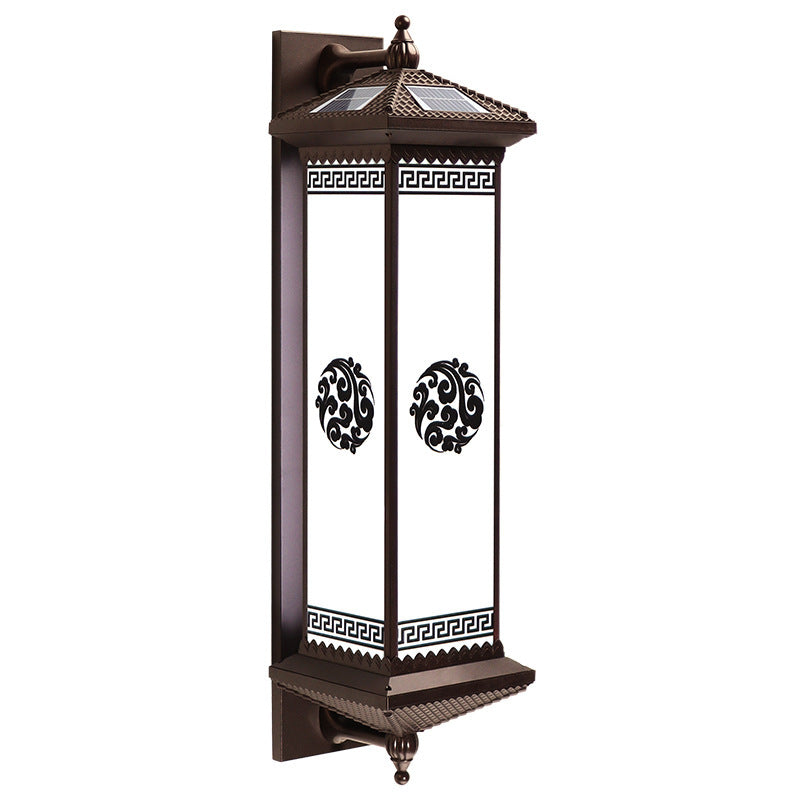 Tradisjonell kinesisk solenergi vanntett ABS aluminium glass rektangulær lykke velstand mønster LED vegglampe for utendørs terrasse | Luvikno