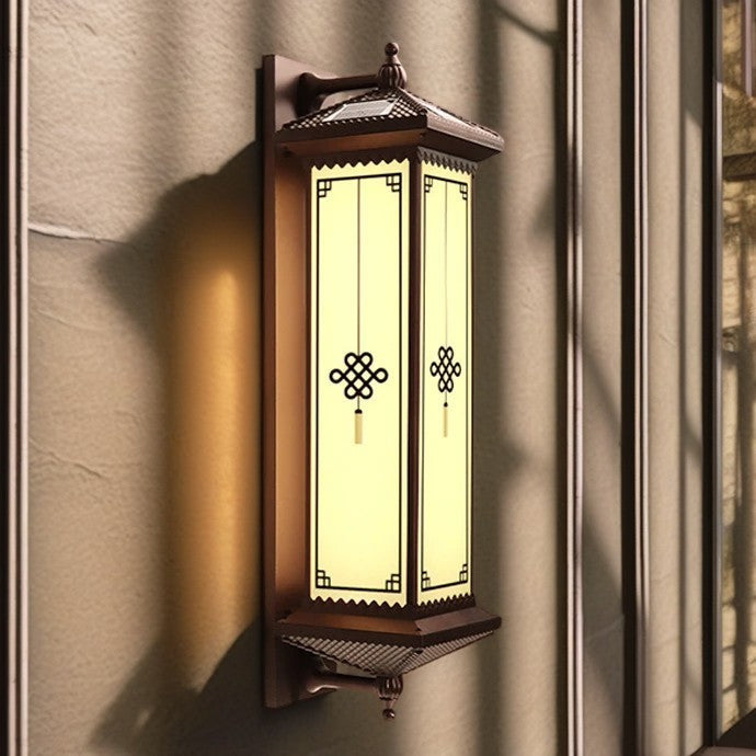 Tradisjonell kinesisk solenergi vanntett ABS aluminium glass rektangulær lykke velstand mønster LED vegglampe for utendørs terrasse | Luvikno